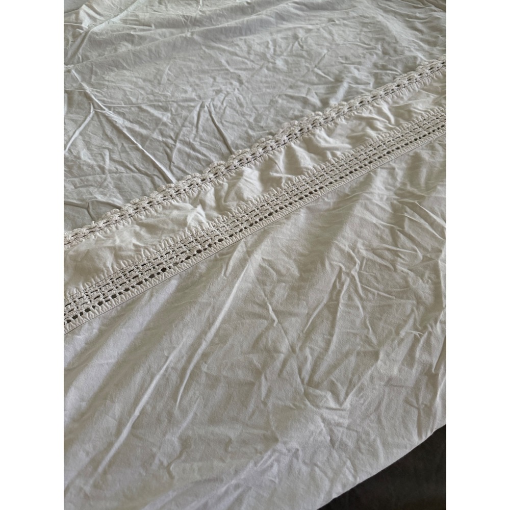 Pine Cone Hill White 100% Cotton Flat Sheet Crochet Lace Trim Fine Linens King